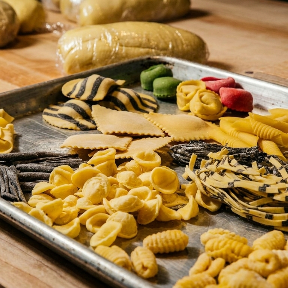 A metal tray filled with various types of fresh, colorful pasta, including ravioli, orecchiette, and tagliatelle.