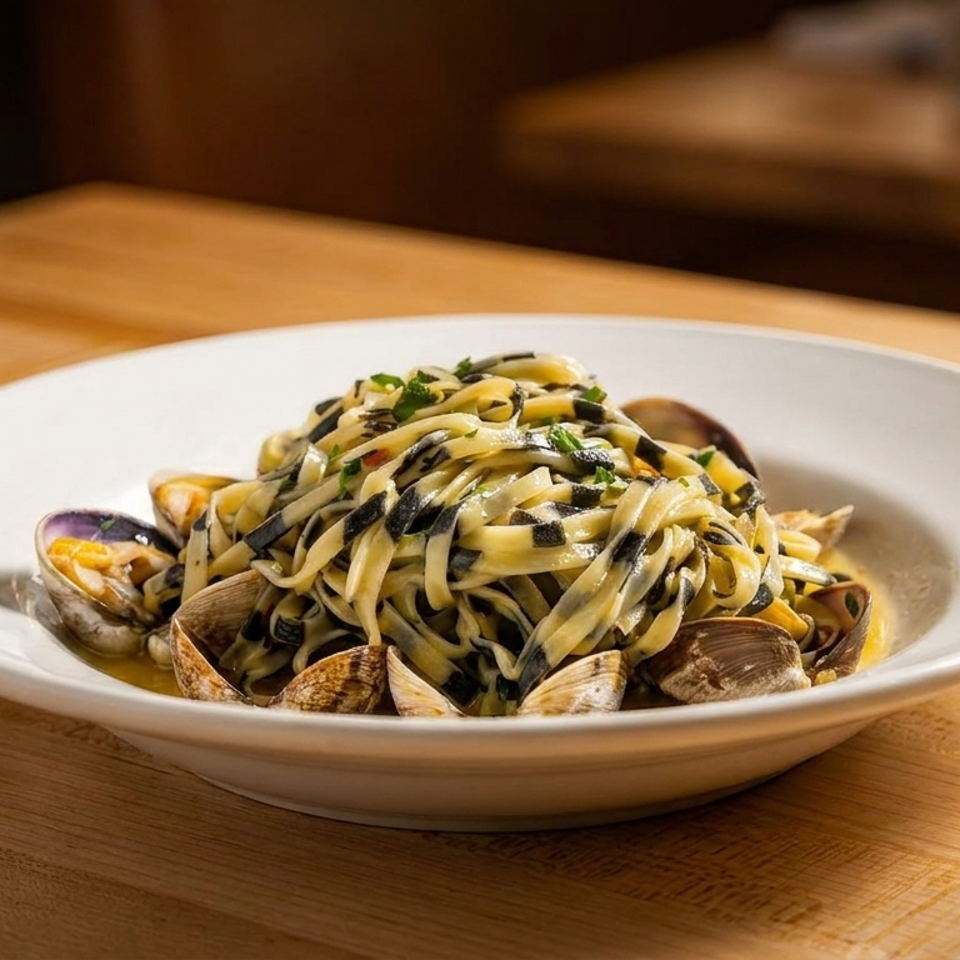 A white bowl of squid ink pasta with clams and a light sauce on a wooden table.