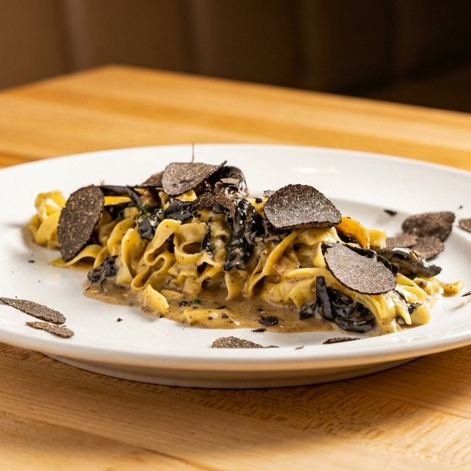 Fettuccine pasta with creamy sauce and generous shavings of black truffle on a white plate.