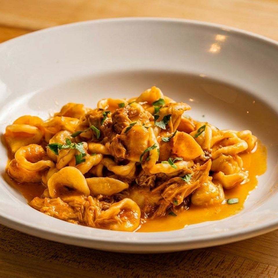 Orecchiette pasta with a rich sauce and fresh parsley in a white bowl on a wooden table.