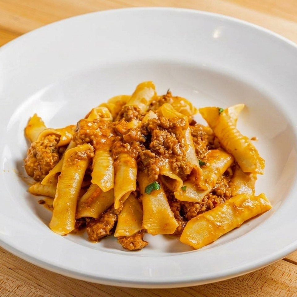 A white bowl of pasta with a rich meat sauce, served on a light wooden table.
