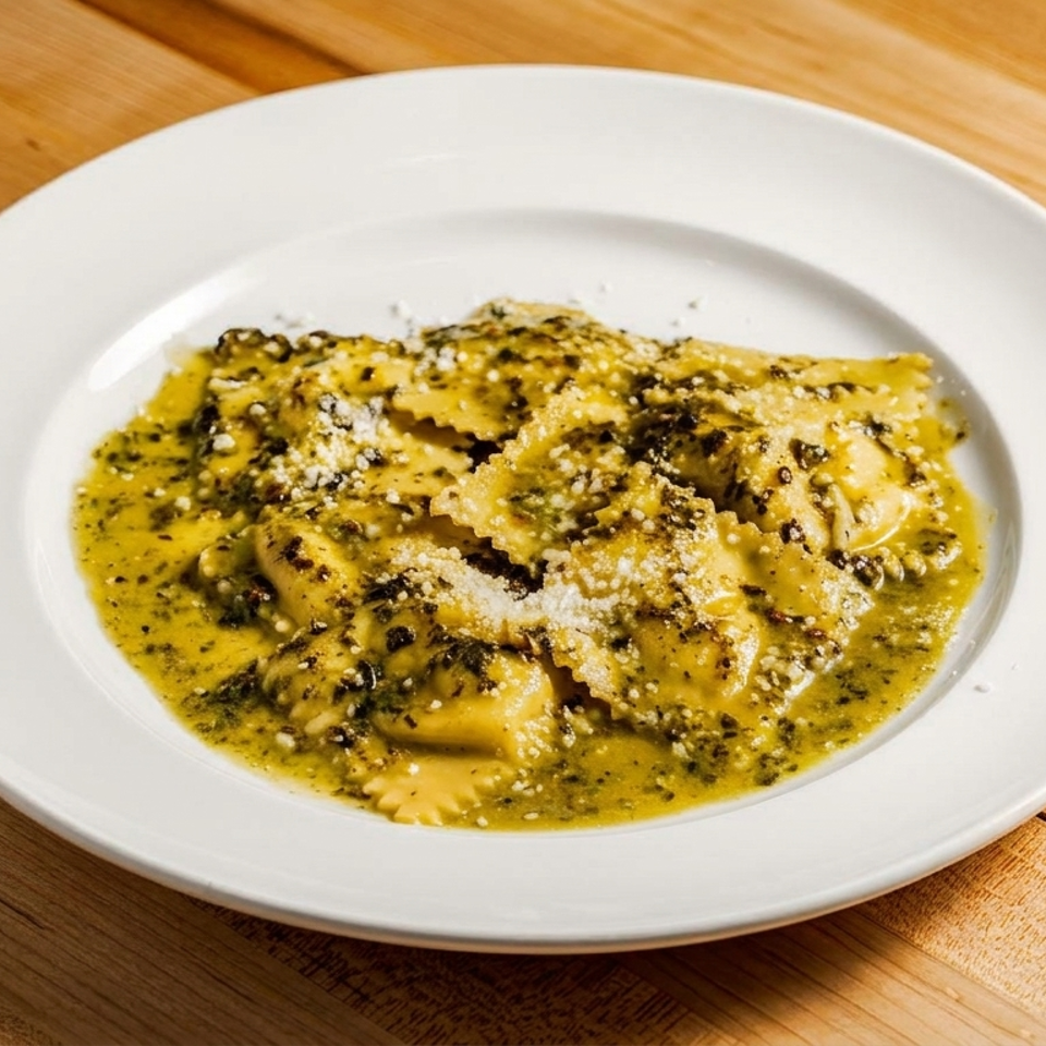 Ravioli pasta with pesto sauce and grated cheese on a white plate, on a wooden table.